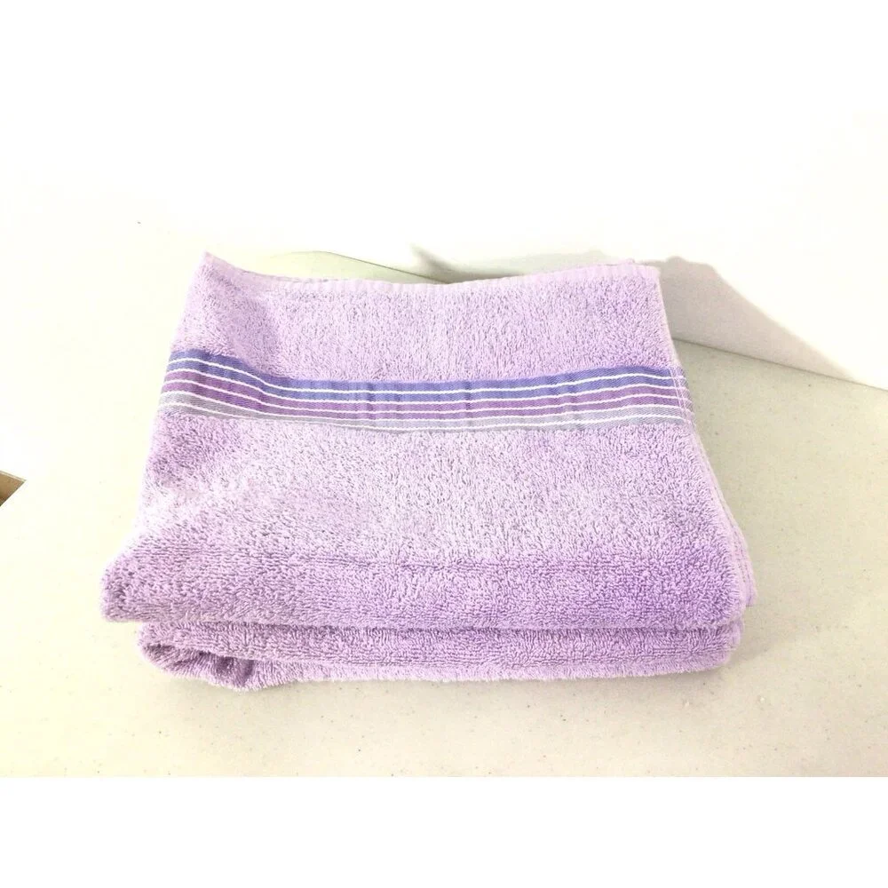 Vintage Purple Bath Towels Stripe Trim Set of 2